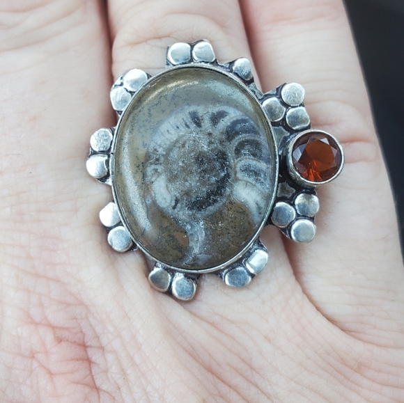 New Ammonite Fossil and Garnet 925 Silver Ring. - Picture 2 of 15